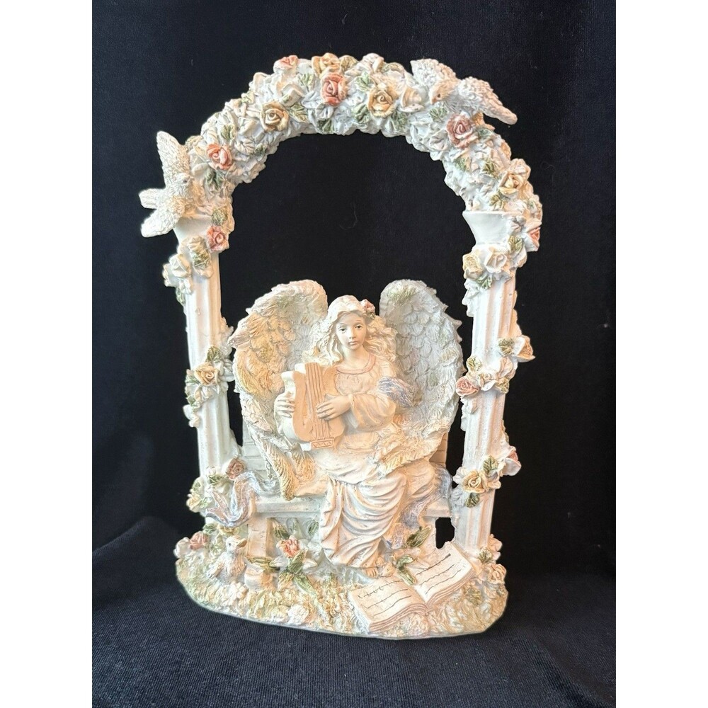 Vintage Angel Figurine Floral Dove Music Arch Resin 8 1/2”